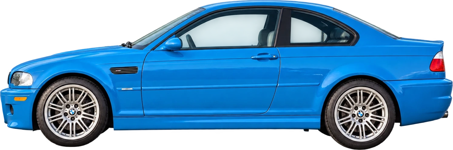 A blue BMW M3 (E46) coupe, side view